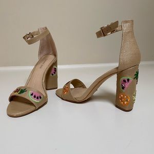 Beautiful fruit jewel embellish sandal heels. Size 8, worn once.